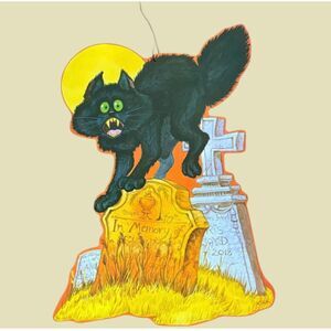 Vintage Halloween Black Cat Tombstone Die-Cut Decoration 17" Double-Sided
